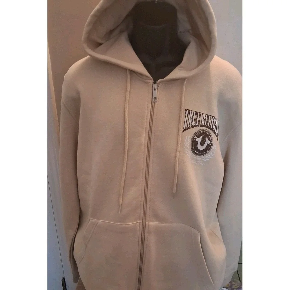 True Religion Men's L Beige Full Zip Hooded Hoodie w/ Pockets Logo Graphic